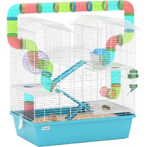 PawHut 4 Tier Hamster Cage, Large Twin Tower Design Gebril Cage with Exercise Wheel, Tubes, Hut, Ramps, Food Dish, Water Bottle, 22.8" x 14.2" x 25.6", Light Blue