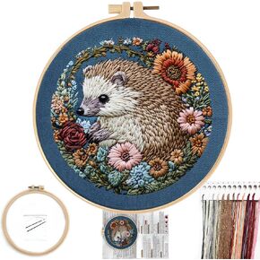 FONNUY Embroidery Kit for Beginners, Cute Hedgehog Stamped Embroidery Patterns Kits for Adults with Hoop, Easy to Follow Sewing Thread Needlework, 8'' Hoop (Tiny Ball)