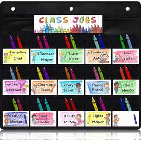Class Jobs Pocket Chart, Back to School Bulletin Board Class Management Pocket Chart Teacher's Helper Chalkboard Decor for Classroom with 98 Colorful Dry Erase Cards and 3 Hooks