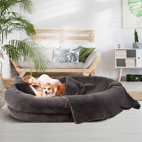 Human Dog Bed for Adults, 73"x56"x12" Washable Orthopedic Size, Faux Fur Removable, Cozy Large Present with Blanket and Pillow, Dark Grey