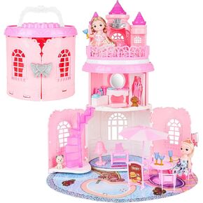 deAO Portable Doll House Playset Castle with 2 Doll Toy Figures, Living Room, Bedroom, Balcony & Accessories for 3 to 7 Year Olds Kids (Pink)
