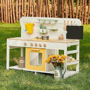 Giant bean Mud Kitchen for Kids Outdoor, Deluxe Wooden Toy Play Kitchen Set, with Sand and Water Sink, Blackboard and Kitchen Accessories for Boys and Girls Ages 3-8 Indoor & Outdoor Activities