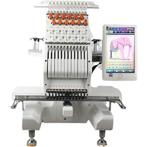 Commercial Home Embroidery Machine, Single Head 12 Needle Embroidery Machine with Stand, 10 Inch Touch Screen, Support USB Flash Drive to Import Patterns, Suitable for All Kinds of Fabrics
