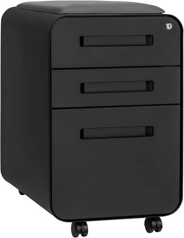 Laura Davidson Furniture Curve Curve Crate 3-Drawer File File Cabinet مع مقعد وسادة مغناطيسي قابلة للإزالة-خزانة ملفات معدنية ، مسبقًا ، أسود مع وسادة رمادية داكنة in Kuwait