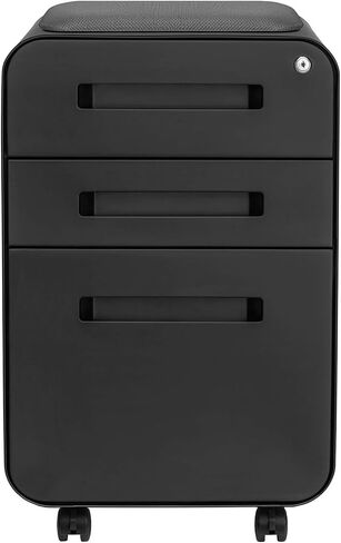 Laura Davidson Furniture Curve Curve Crate 3-Drawer File File Cabinet مع مقعد وسادة مغناطيسي قابلة للإزالة-خزانة ملفات معدنية ، مسبقًا ، أسود مع وسادة رمادية داكنة in Kuwait