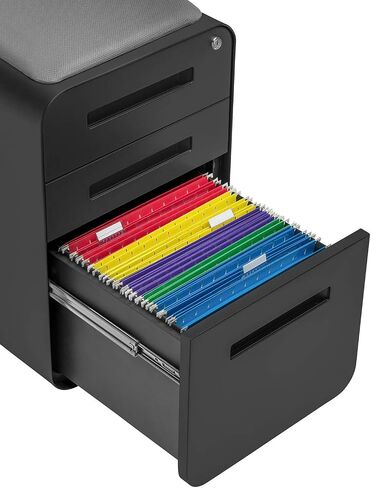 Laura Davidson Furniture Curve Curve Crate 3-Drawer File File Cabinet مع مقعد وسادة مغناطيسي قابلة للإزالة-خزانة ملفات معدنية ، مسبقًا ، أسود مع وسادة رمادية داكنة in Kuwait