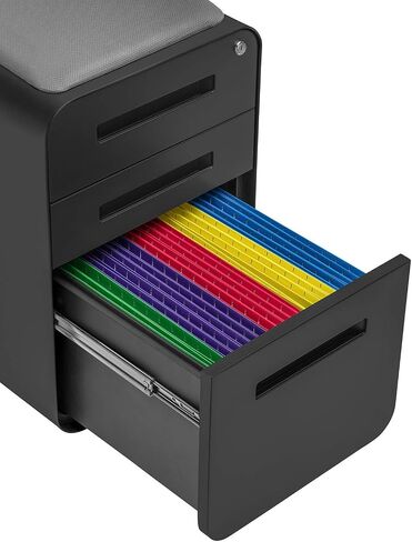 Laura Davidson Furniture Curve Curve Crate 3-Drawer File File Cabinet مع مقعد وسادة مغناطيسي قابلة للإزالة-خزانة ملفات معدنية ، مسبقًا ، أسود مع وسادة رمادية داكنة in Kuwait