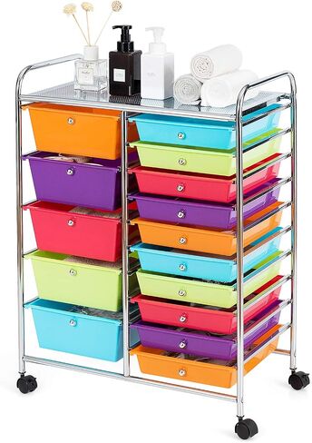 DORTALA 15-Drawer Rolling Storage Cart with Drawers, Tools Scrapbook Paper Organizer w/Removable Drawers & Universal Wheels, Rolling Drawer Cart for Supermarket, School, Office, Home (Multicolor) in Saudi Arabia
