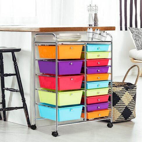 DORTALA 15-Drawer Rolling Storage Cart with Drawers, Tools Scrapbook Paper Organizer w/Removable Drawers & Universal Wheels, Rolling Drawer Cart for Supermarket, School, Office, Home (Multicolor) in Saudi Arabia
