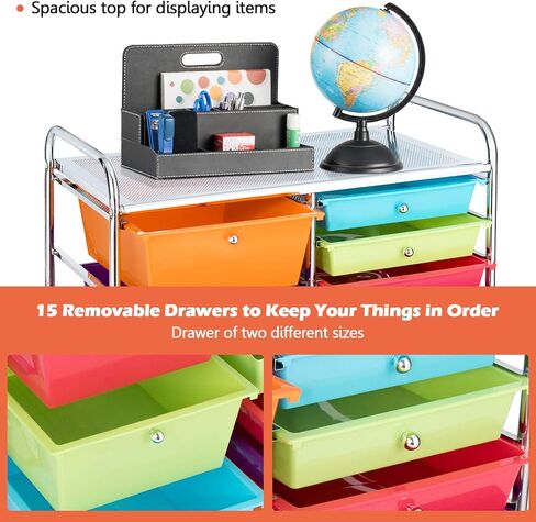 DORTALA 15-Drawer Rolling Storage Cart with Drawers, Tools Scrapbook Paper Organizer w/Removable Drawers & Universal Wheels, Rolling Drawer Cart for Supermarket, School, Office, Home (Multicolor) in Saudi Arabia