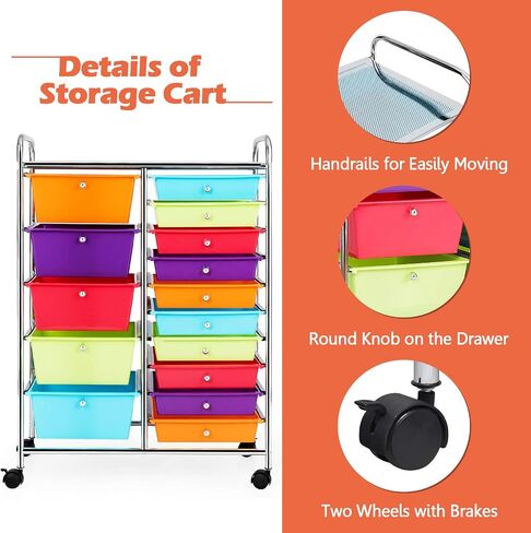 DORTALA 15-Drawer Rolling Storage Cart with Drawers, Tools Scrapbook Paper Organizer w/Removable Drawers & Universal Wheels, Rolling Drawer Cart for Supermarket, School, Office, Home (Multicolor) in Saudi Arabia