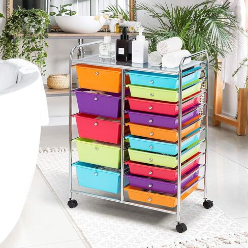 DORTALA 15-Drawer Rolling Storage Cart with Drawers, Tools Scrapbook Paper Organizer w/Removable Drawers & Universal Wheels, Rolling Drawer Cart for Supermarket, School, Office, Home (Multicolor) in Saudi Arabia