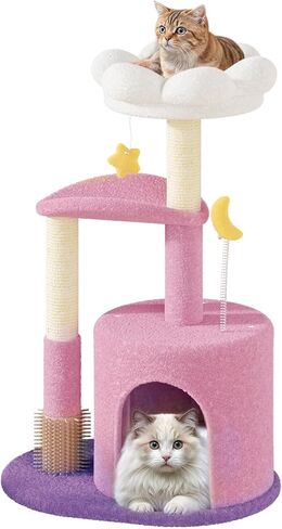 Athena Collection Small Cat Tree Condo with Sisal Scratching Post, 33 Inch Modern Cute Flower Cat Tree Tower with Cozy Perch Toy Ball for Indoor, Kittens, Purple in Saudi Arabia