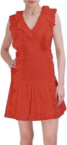 BCBGMAXAZRIA Women's V Neck Sleeveless Ruffled Eyelet Dress in Saudi Arabia