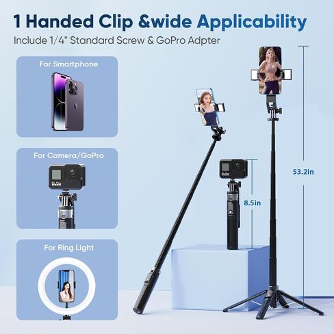 62" Phone Tripod for iPhone,Selfie Stick Tripod with Remote,Cell Phone Tripod Quadripod with Handheld Stabiliser for Video Recording,Compatible with Cell Phone iPhone Android GoPro in Saudi Arabia