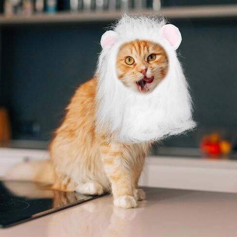 BOXOB Lion Mane Wig for Cat, Lion Mane Hat Soft Animal Wig Hats Washable Comfortable Fancy Costume for Halloween Christmas Easter Birthday Festival Cosplay Party Activity (Size L, White) in Saudi Arabia
