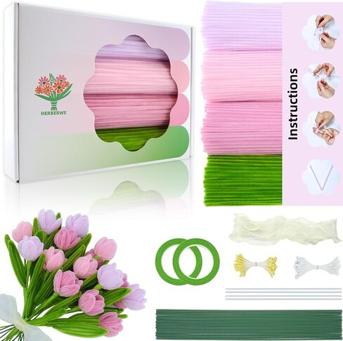 400 PCS أنابيب أنابيب حرفة بألوان الباستيل ، تشنيل سيقان مجموعة الحرف الزهور مع الأسلاك الأزهار ، شريط الأزهار ، والزجاج والشريط ، وردي أنبوب منظف مجموعة زهرة للزفاف ، ديكور العطلة in Saudi Arabia