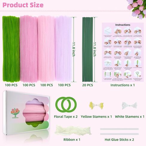 400 PCS أنابيب أنابيب حرفة بألوان الباستيل ، تشنيل سيقان مجموعة الحرف الزهور مع الأسلاك الأزهار ، شريط الأزهار ، والزجاج والشريط ، وردي أنبوب منظف مجموعة زهرة للزفاف ، ديكور العطلة in Saudi Arabia