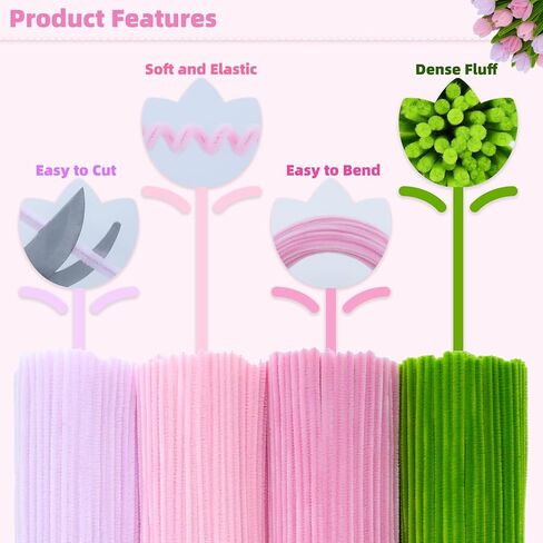 400 PCS أنابيب أنابيب حرفة بألوان الباستيل ، تشنيل سيقان مجموعة الحرف الزهور مع الأسلاك الأزهار ، شريط الأزهار ، والزجاج والشريط ، وردي أنبوب منظف مجموعة زهرة للزفاف ، ديكور العطلة in Saudi Arabia