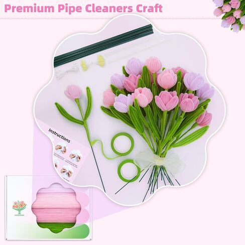 400 PCS أنابيب أنابيب حرفة بألوان الباستيل ، تشنيل سيقان مجموعة الحرف الزهور مع الأسلاك الأزهار ، شريط الأزهار ، والزجاج والشريط ، وردي أنبوب منظف مجموعة زهرة للزفاف ، ديكور العطلة in Saudi Arabia