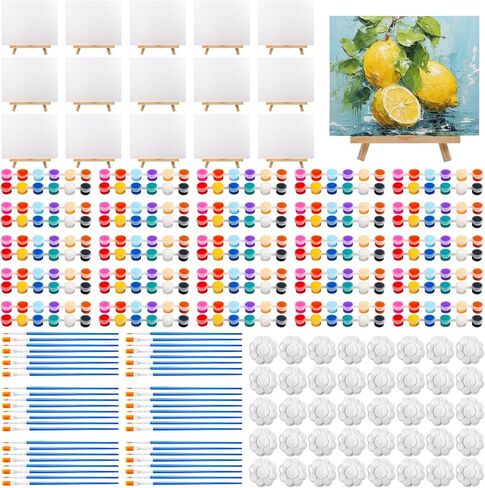 16 Set Canvas Panels and Easel Painting Kit,8 x 10 in Painting Canvases with Easel,16 Acrylic Paint Strips with 32 Brushes,16 Palettes,Art Painting Kits for Birthday Party Favors in Kuwait