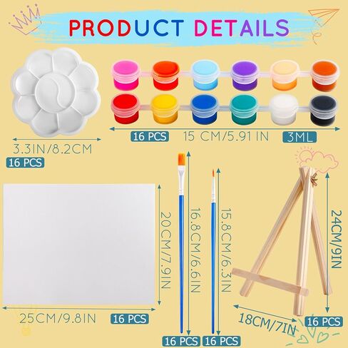 16 Set Canvas Panels and Easel Painting Kit,8 x 10 in Painting Canvases with Easel,16 Acrylic Paint Strips with 32 Brushes,16 Palettes,Art Painting Kits for Birthday Party Favors in Kuwait