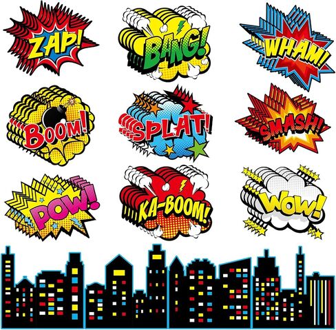 62Pcs Hero Paper Cutouts Hero Themed Party Decorations Super Theme Heroes Bulletin Board Classroom Wall Decor Fun Action Sign Super Party Supplies for Kids Boys Girls Birthday Baby Shower Favors in Saudi Arabia