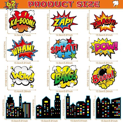 62Pcs Hero Paper Cutouts Hero Themed Party Decorations Super Theme Heroes Bulletin Board Classroom Wall Decor Fun Action Sign Super Party Supplies for Kids Boys Girls Birthday Baby Shower Favors in Saudi Arabia