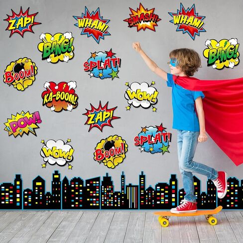 62Pcs Hero Paper Cutouts Hero Themed Party Decorations Super Theme Heroes Bulletin Board Classroom Wall Decor Fun Action Sign Super Party Supplies for Kids Boys Girls Birthday Baby Shower Favors in Saudi Arabia