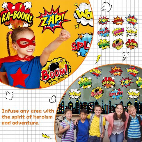 62Pcs Hero Paper Cutouts Hero Themed Party Decorations Super Theme Heroes Bulletin Board Classroom Wall Decor Fun Action Sign Super Party Supplies for Kids Boys Girls Birthday Baby Shower Favors in Saudi Arabia
