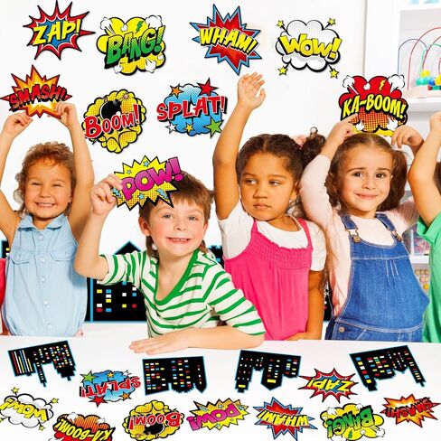 62Pcs Hero Paper Cutouts Hero Themed Party Decorations Super Theme Heroes Bulletin Board Classroom Wall Decor Fun Action Sign Super Party Supplies for Kids Boys Girls Birthday Baby Shower Favors in Saudi Arabia