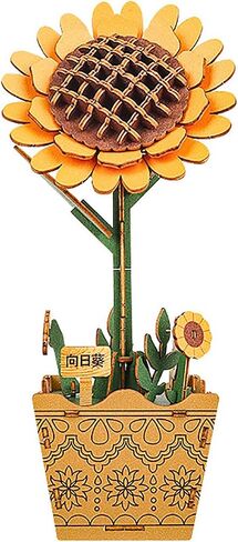 3D Wooden Flower Puzzle Kit for Adults | DIY Botanical Bouquet Building Set with Adjustable Vase | Home Decor & Stress Relief Gift-Sunflower (73PCS) in Kuwait