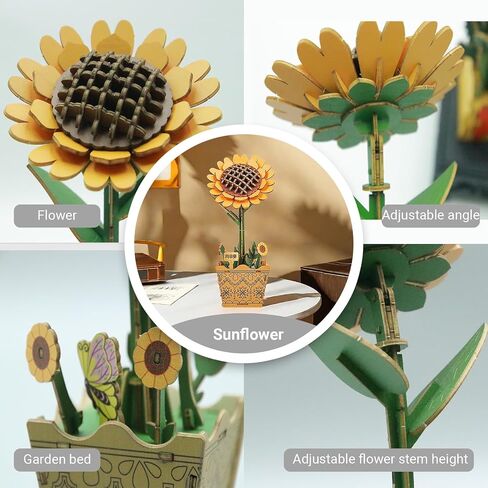 3D Wooden Flower Puzzle Kit for Adults | DIY Botanical Bouquet Building Set with Adjustable Vase | Home Decor & Stress Relief Gift-Sunflower (73PCS) in Kuwait