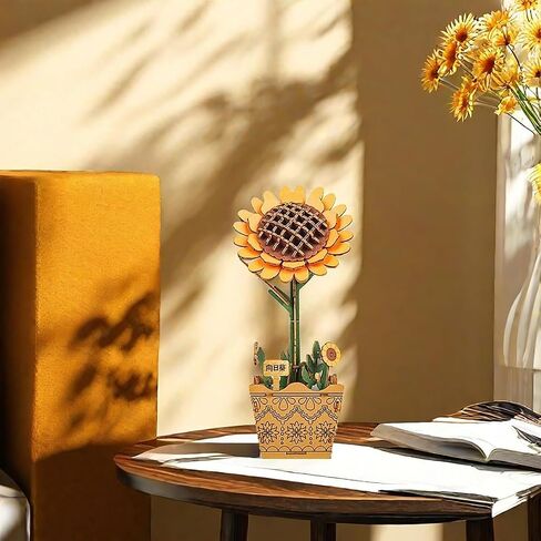 3D Wooden Flower Puzzle Kit for Adults | DIY Botanical Bouquet Building Set with Adjustable Vase | Home Decor & Stress Relief Gift-Sunflower (73PCS) in Kuwait