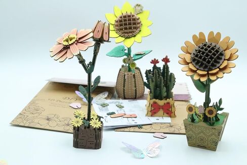 3D Wooden Flower Puzzle Kit for Adults | DIY Botanical Bouquet Building Set with Adjustable Vase | Home Decor & Stress Relief Gift-Sunflower (73PCS) in Kuwait