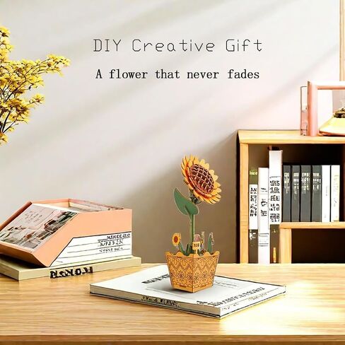 3D Wooden Flower Puzzle Kit for Adults | DIY Botanical Bouquet Building Set with Adjustable Vase | Home Decor & Stress Relief Gift-Sunflower (73PCS) in Kuwait