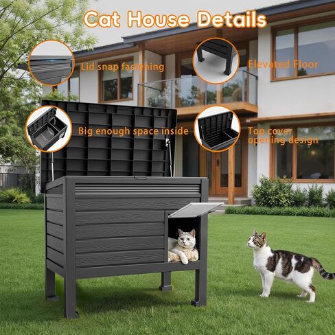 DRATO Outdoor Cat House,Weatherproof Feral Cat Shelter with Raised Floor,Warm,PP Material,Outdoor Feral Cat House for Cats and Small Animals,with Door,Easy to Assemble (Black, Large) in Kuwait