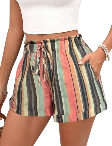 Womens Shorts Casual Striped Drawstring Elastic High Waisted Shorts Women Casual Trendy Summer Womens Shorts with Pockets Light Blue XL in Saudi Arabia