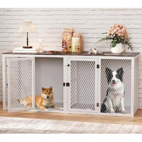 Dog Kennel Furniture for 2 Dogs, Indoor Double Dog Cage for Small Medium Large Dog, Dog Crate with Divider and Double Doors, 71.6"* 22.4"* 31.9"H, (White & Rustic Brown Top)