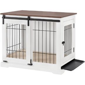beeNbkks Dog Crate Furniture with Sliding Barn Door, Stylish Double Doors Wooden Kennel with Tray and Cushion, Decorative Indoor Pet House Side End Table for Medium Large Dogs