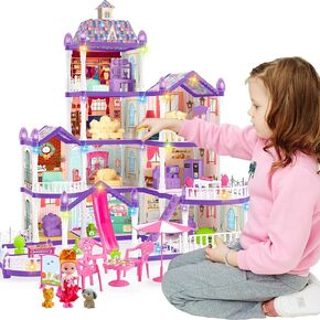 Doll House for Girls ,10 Rooms Purple Doll House with Dolls Figure, Puppies ,Furnitures, Accessories, LED Light, Toddler Playhouse Gift for for 3 4 5 6 7 8 9 10 Year Old Girls Toys