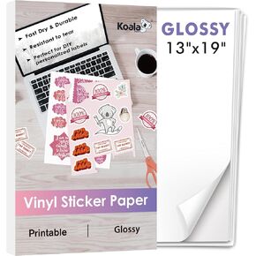 Koala Printable Vinyl Sticker Paper for Inkjet Printer 13x19 Inch - 30 Sheets White Glossy Sticker Printer Paper, Waterproof, Tear-Resistant, Removable