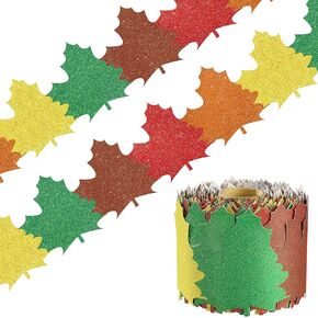 68.9Ft Fall Classroom Bulletin Border Maple Leaves Glitter Border Trim Thanksgiving Die-Cut Scalloped Borders Roll Autumn Leaf Board Decorations for Fall Harvest School Office Chalkboard Wall Decor