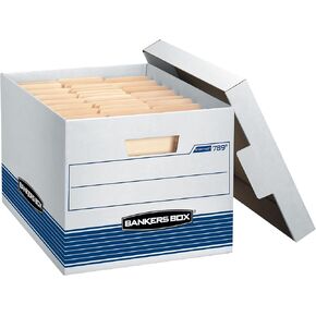 Bankers Box 12 Pack STOR/FILE Medium-Duty File Storage Boxes, FastFold, Lift-Off Lid, Letter/Legal, White/Blue