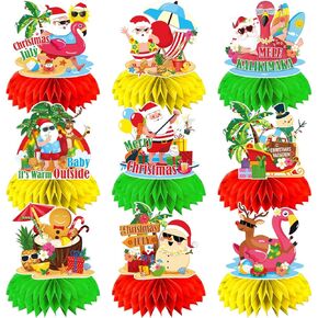 9Pcs Summer Christmas Decorations Honeycomb Centerpieces 3D Double Sided Hawaiian Christmas Table Decorations Summer Beach Pool Party Table Topper for Xmas Holiday Party Supplies