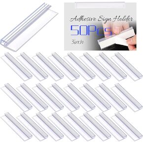 Fulmoon 50 Pcs Adhesive Sign Holder 3 Inch Clear PVC Price Tags Clip with Self Adhesive Base Shelf Label Cards Gripper Clamp for Supermarket Stores Retail Store Offices Schools