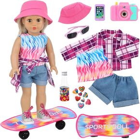 American 18 Inch Doll Skateboard Accessories and Clothes Set for 18" Dolls Include Fisherman's Hat Outfits Sunglasses Camera（Random） Skateboard Bottle Sticker (No Doll and Shoes)