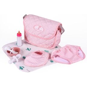 BABESIDE 8 Pcs Baby Doll Diaper Bag Set for Reborn Dolls, Baby Doll Feeding Accessories with Disappearing Milk Toy Baby Bottle and Spoon Fork Bowl for Pretend Play Toys, Pink