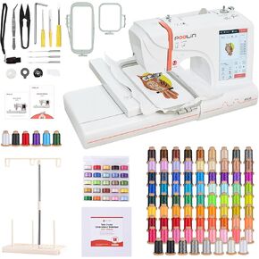 EOC05 Embroidery Machine 4 x 9.25 Inch Large Hoop Embroidery Area, 7 Inch LCD Touchscreen,Poolin Richword 800M 80 Colors Embroidery Thread