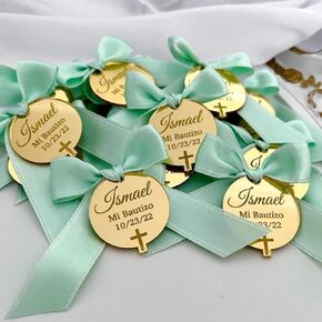 MXN Personalized Acrylic Mirror Tags,Custom Engraved Name Tag Baptism Baby Show Grail Mirror Acrylic Round Circle Cross for Favors Baptism Wedding Engagement Custom Gift (30pcs)